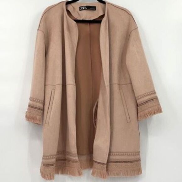 Zara Womens Dusty Pink Faux Suede Fringe Jacket Size XS - Picture 2 of 10